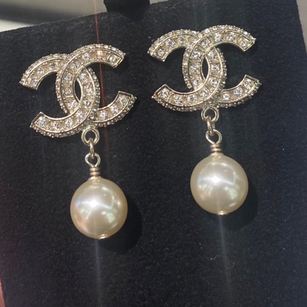 Chanel Classic Cc Logo Crystal Pearl Drop Earrings